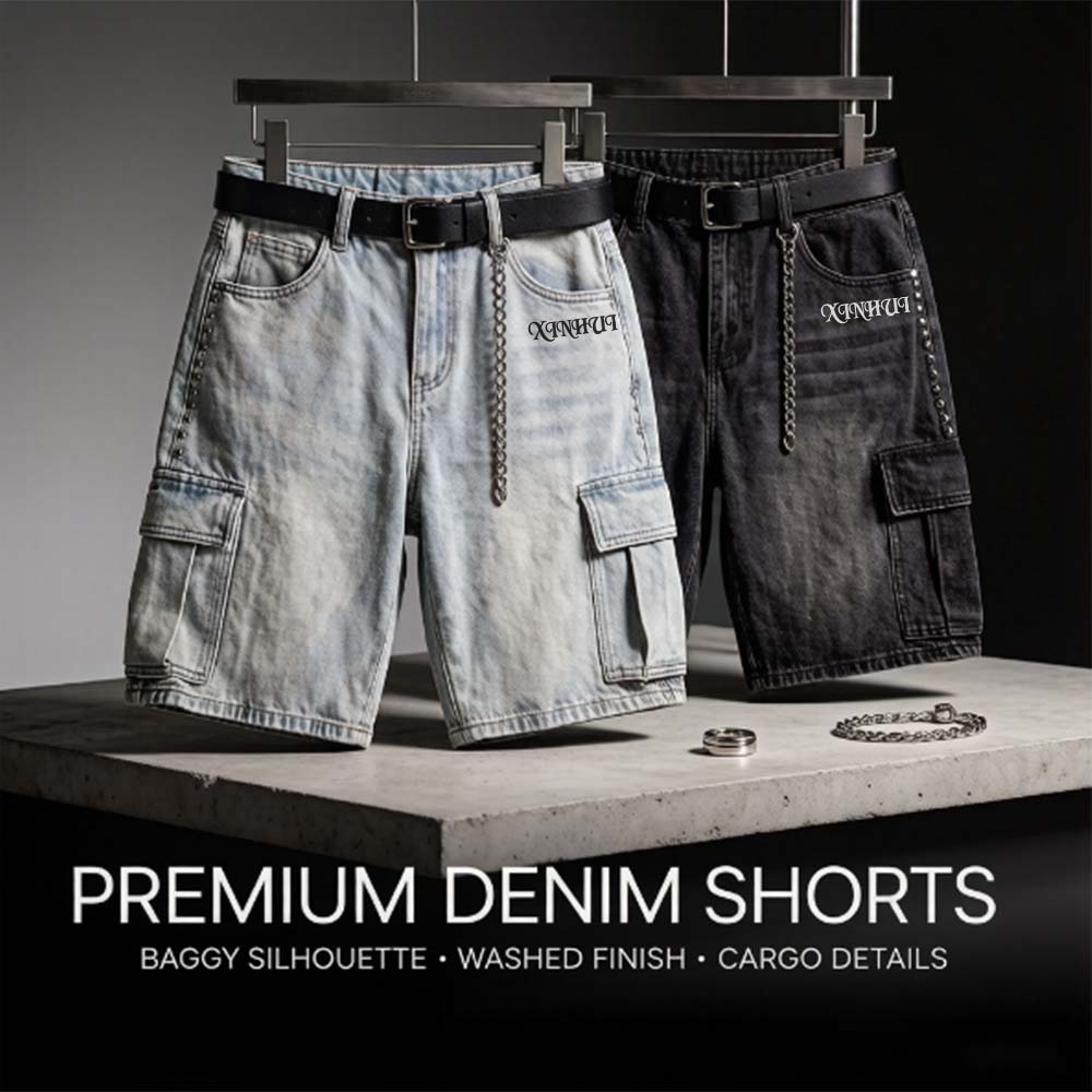 XH-Fashion Custom Logo Studded Cargo Denim Shorts for Men, Vintage Washed Baggy Jorts with Rivet Detail, Personalized Streetwear Denim Cargo Shorts-product
