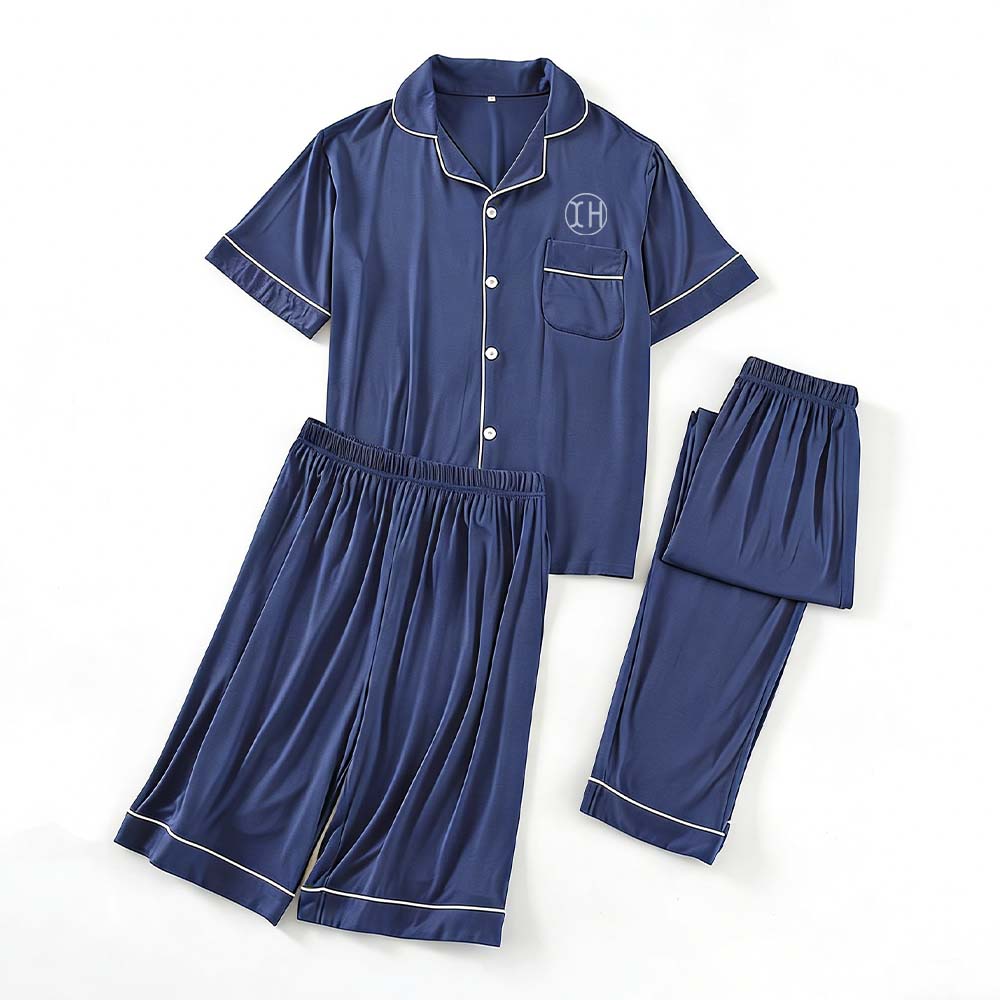 XH-Fashion Custom Logo Men's 3-Piece Pajama Set, Ultra-Soft Modal Short Sleeve Sleepwear with Contrast Piping, Personalized Loungewear for Home & Gifting