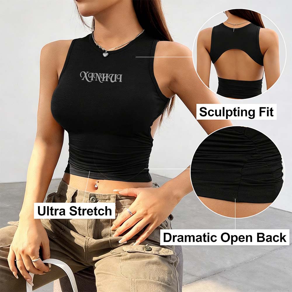 XH-Fashion Custom Logo Women's Open Back Cropped Tank Top, Personalized Fitted Sleeveless Cami, Customizable Backless Crop Top for Her