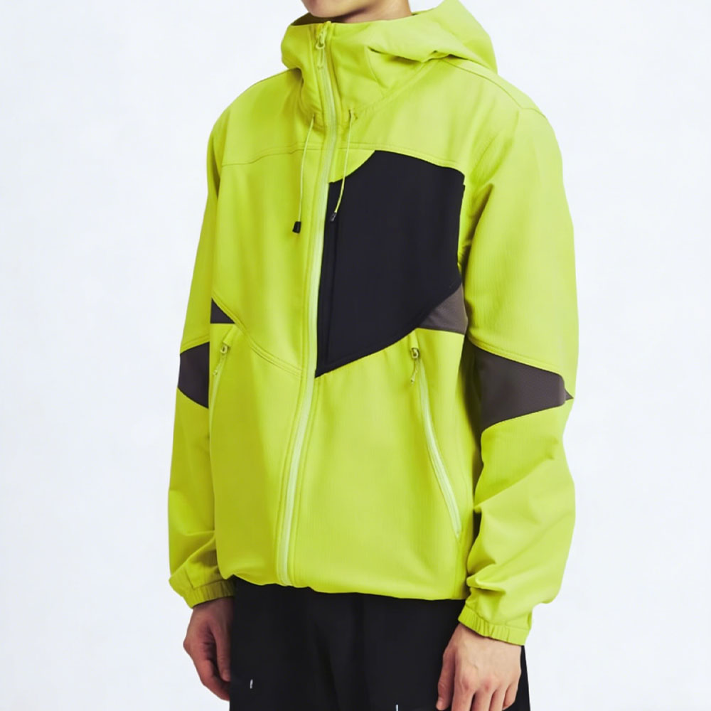 XH-Fashion Men's Fluorescent Green Colorblock Softshell Jacket - Windproof Water-Resistant Hooded Outdoor Hiking Jacket