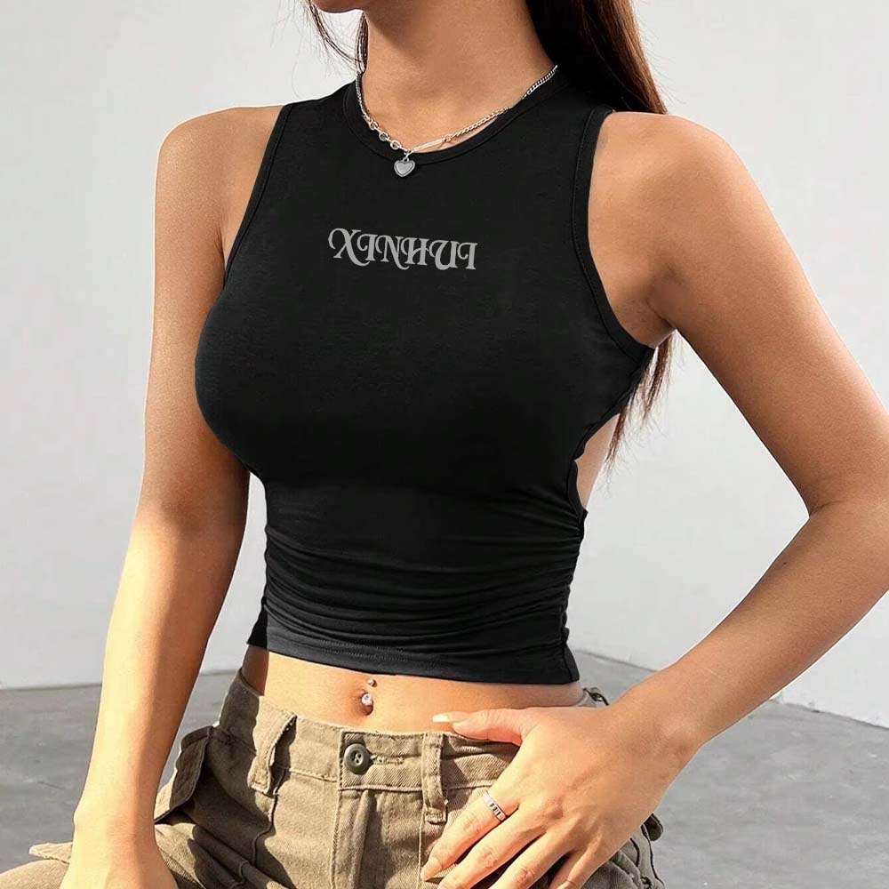 XH-Fashion Custom Logo Women's Open Back Cropped Tank Top, Personalized Fitted Sleeveless Cami, Customizable Backless Crop Top for Her-product