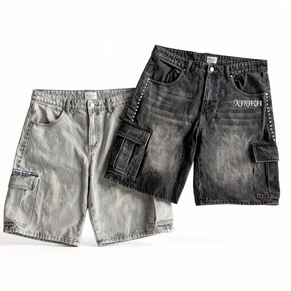 XH-Fashion Custom Logo Studded Cargo Denim Shorts for Men, Vintage Washed Baggy Jorts with Rivet Detail, Personalized Streetwear Denim Cargo Shorts
