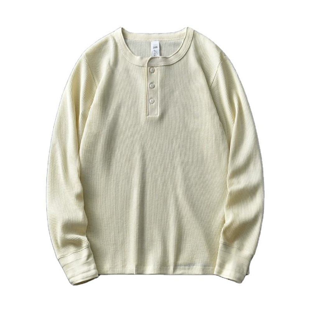 XH-Fashion Japanese Style Vintage Waffle Henley Long Sleeve T-Shirt