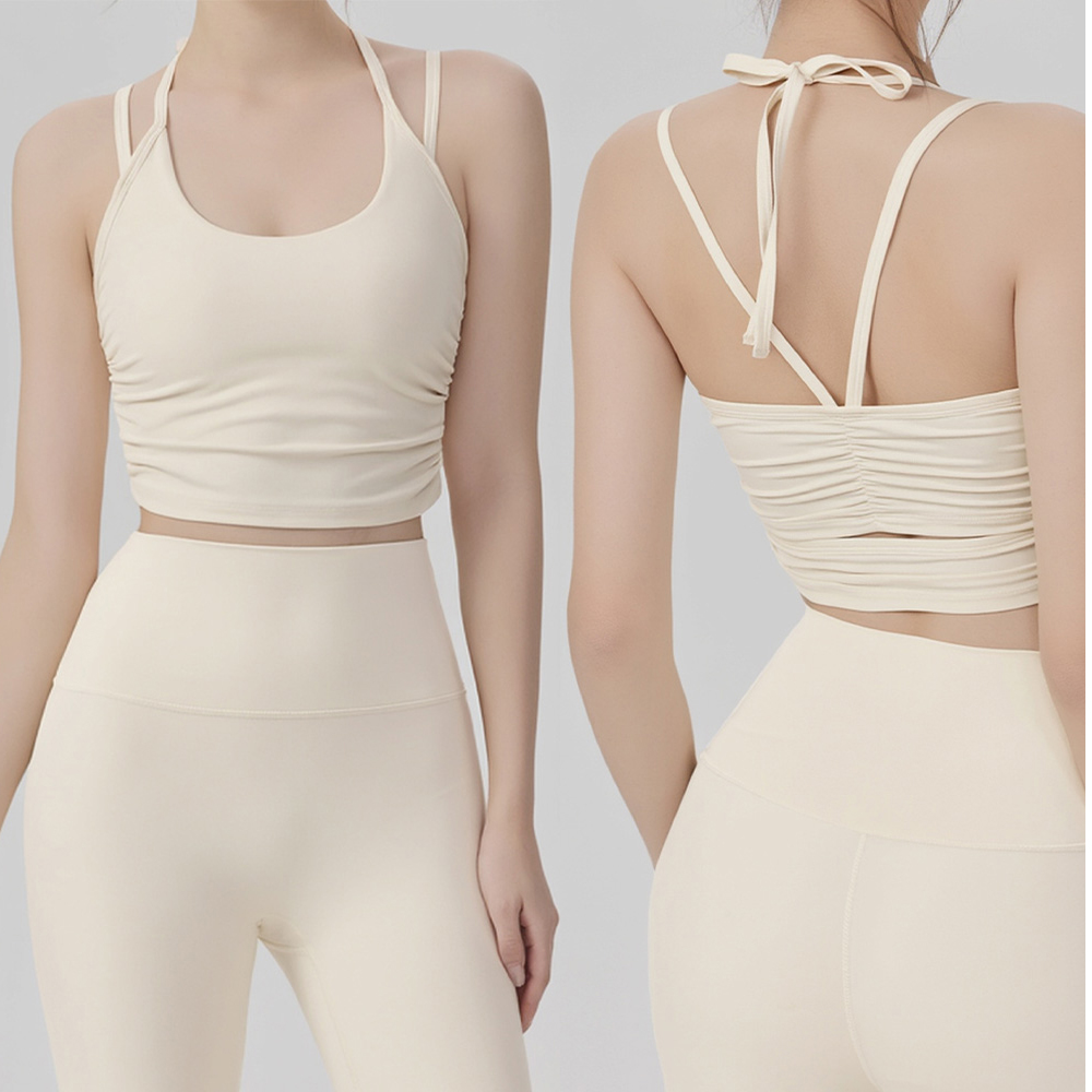 XH-Fashion Factory Wholesale Halter Neck Yoga Top, Women’s Double-Strap Backless Sports Bra, Ruched Slim-Fit Workout Tank with Removable Pads, OEM/ODM Customizable-product