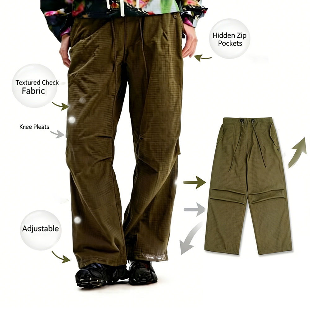 XH-Fashion Men's Lightweight Grid Parachute Pants - Breathable Quick-Dry Wide Leg Casual Trousers for Streetwear & Outdoor