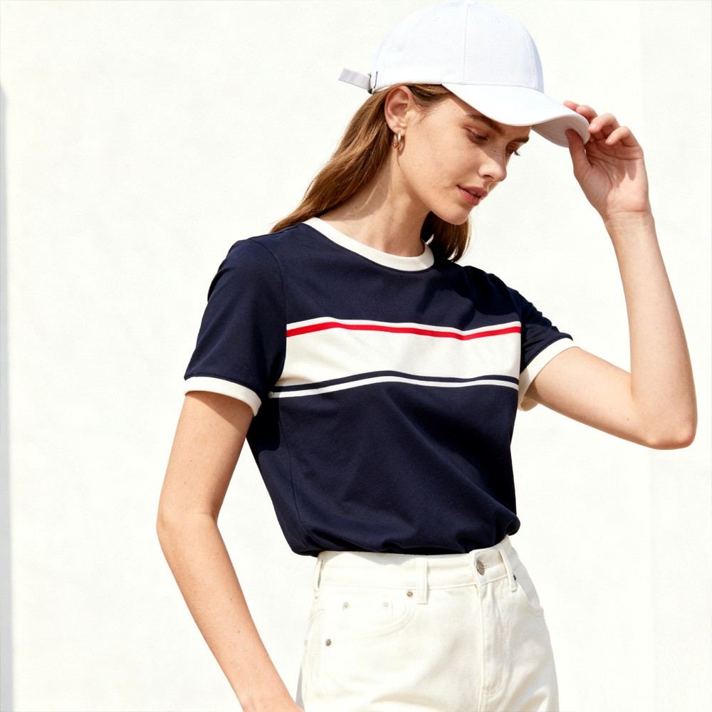 XH-Fashion OEM Womens Retro Striped Crew Neck Short Sleeve Tees