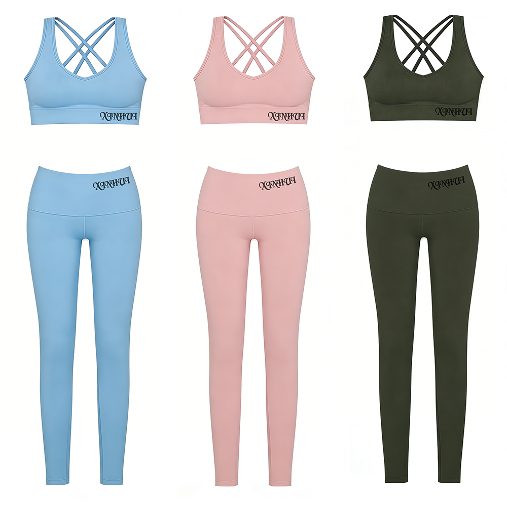 XH-Fashion Custom Logo Cross Back Sports Bra And High Waist Leggings Set Women Gym Fitness Yoga Two Piece Set Activewear Workout Sportswear