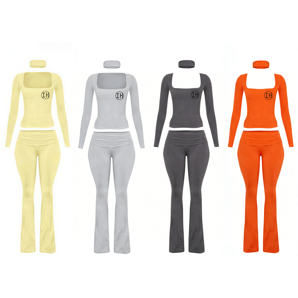 XH-Fashion Custom Logo Square Neck Long Sleeve Top And High Waist Flare Pants Two Piece Set Women Casual Slim Fit Stretchy Matching Outfit Set